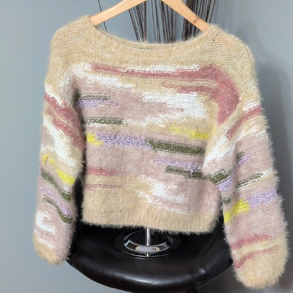 Pilcro Women's Boat Neck Distressed Multicolor Sweater
